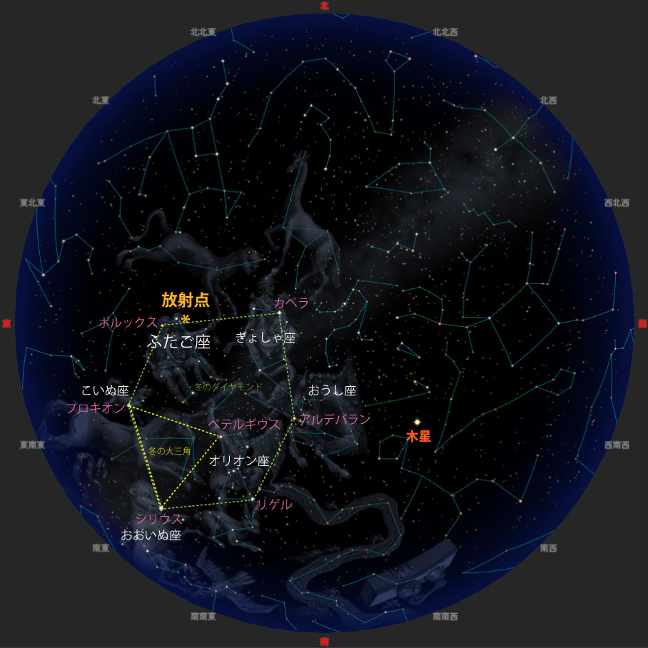 12月14日22時ごろの夜空で流星が現れるイメージ
