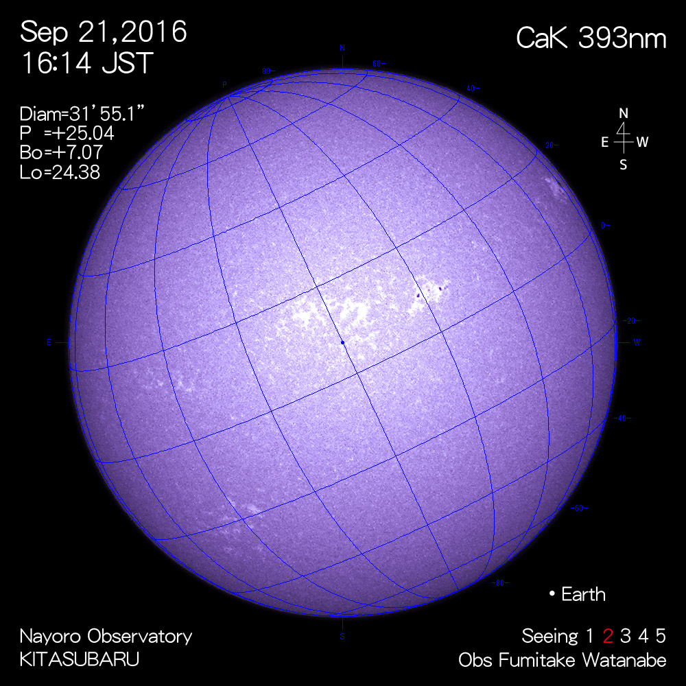 2016年9月21日CaK波長の太陽