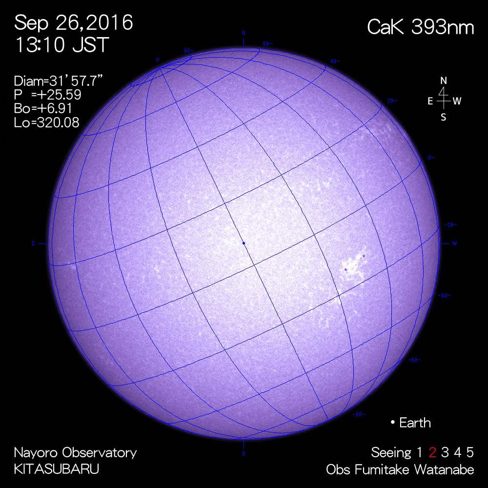 2016年9月26日CaK波長の太陽