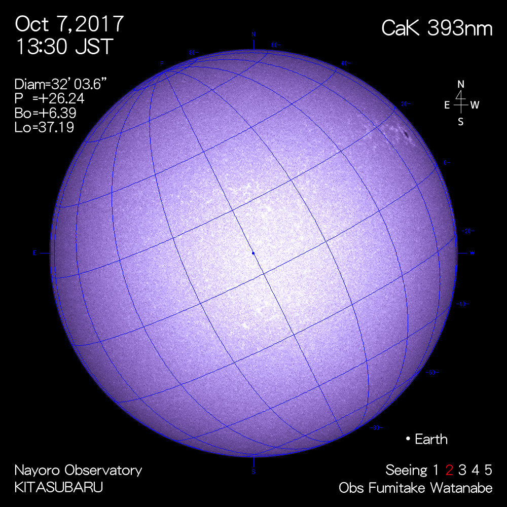 2017年10月7日CaK波長の太陽