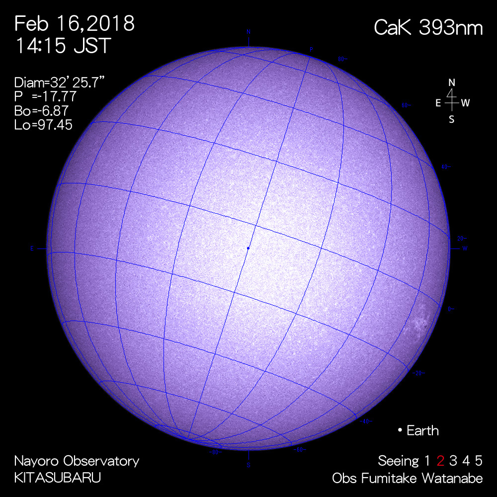 2018年2月16日CaK波長の太陽