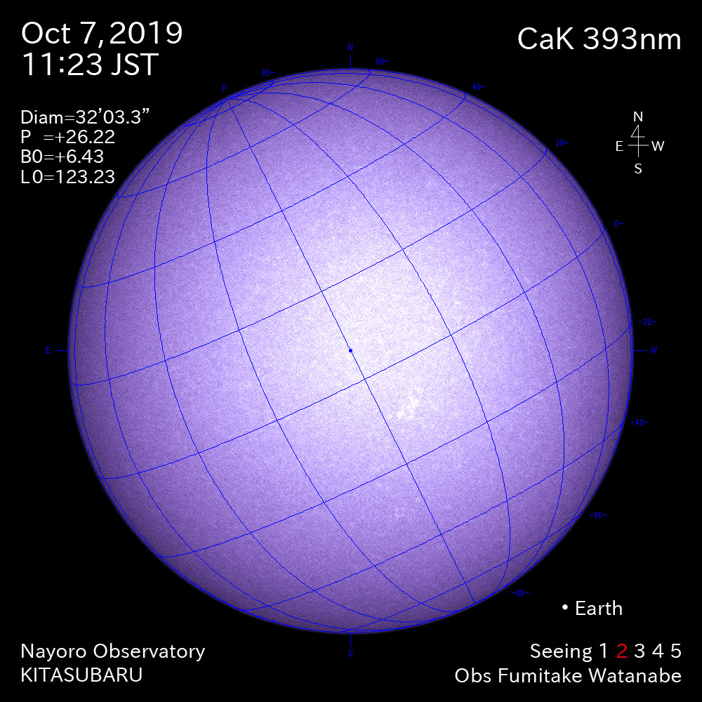2019年10月7日CaK波長の太陽