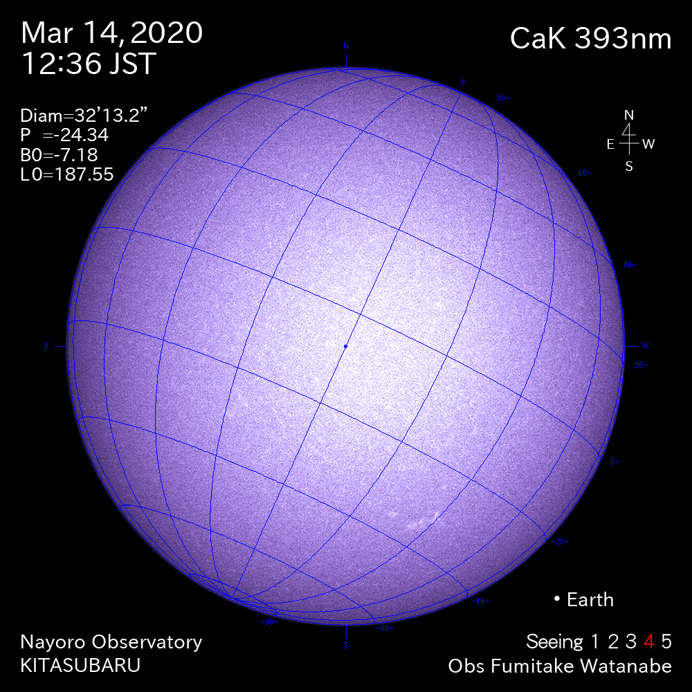 2020年3月14日CaK波長の太陽