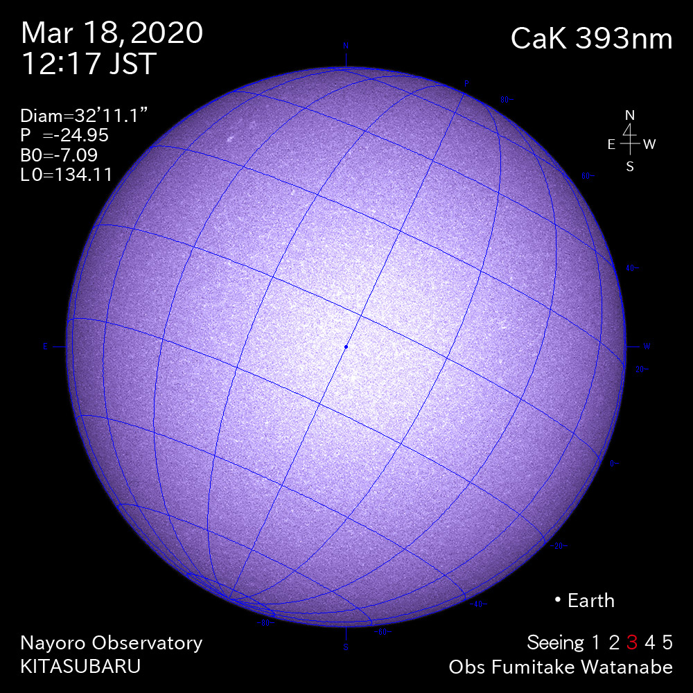 2020年3月18日CaK波長の太陽