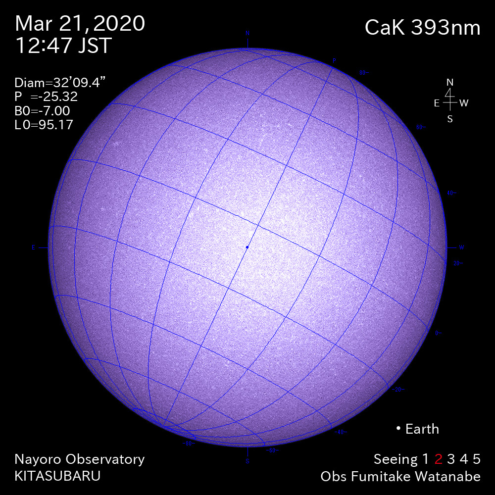 2020年3月21日CaK波長の太陽