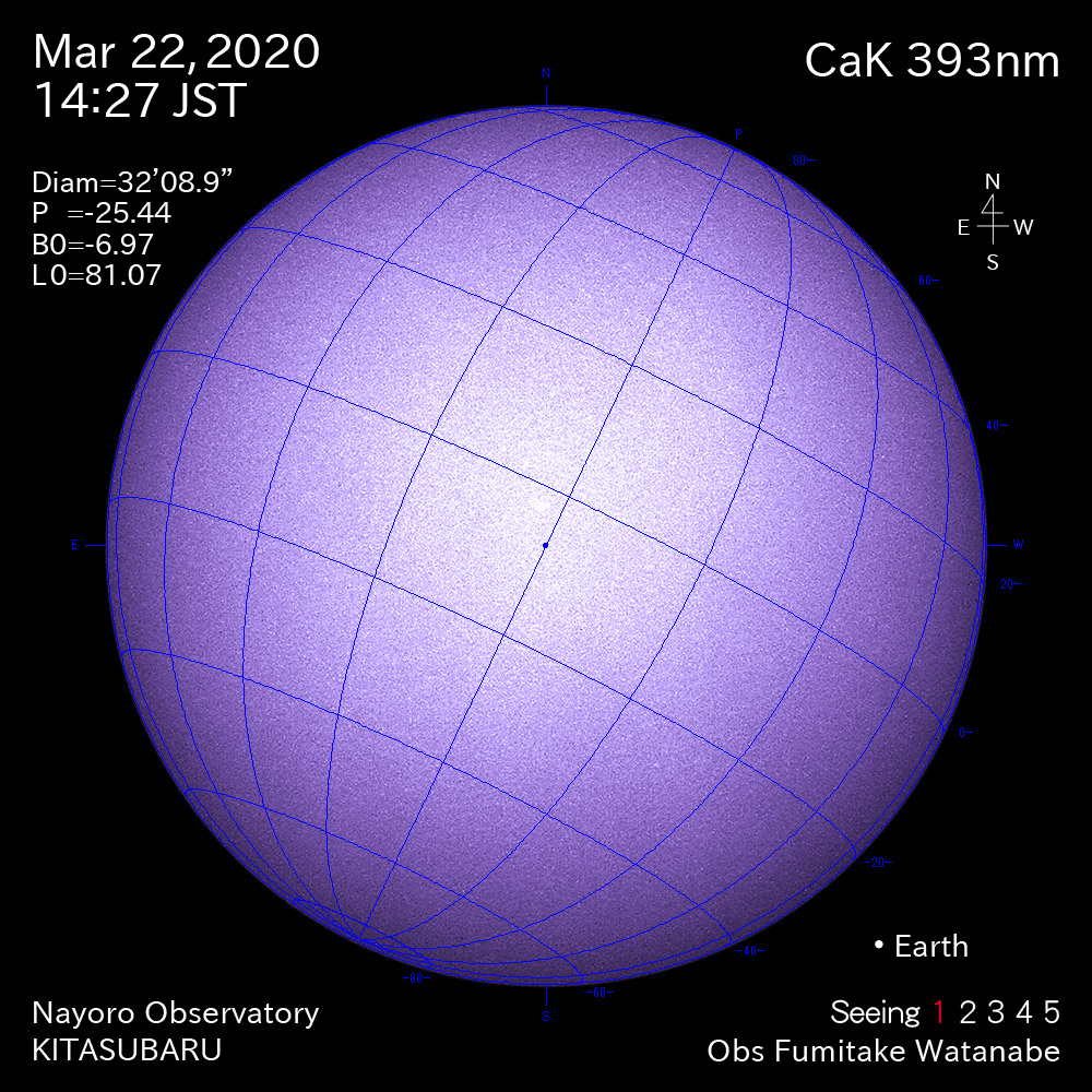 2020年3月22日CaK波長の太陽