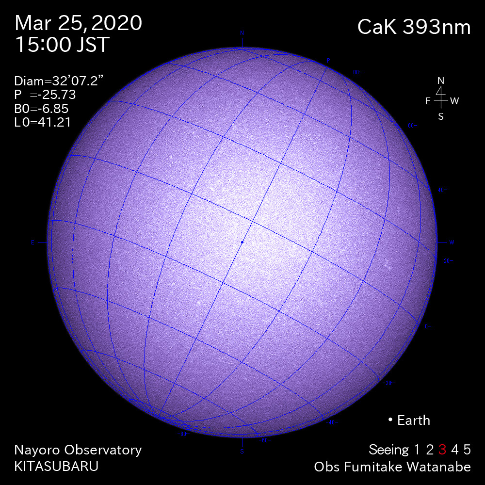 2020年3月25日CaK波長の太陽