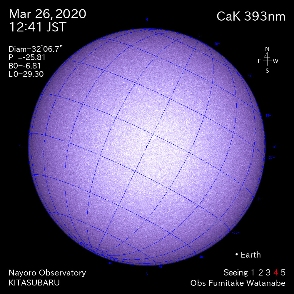 2020年3月26日CaK波長の太陽