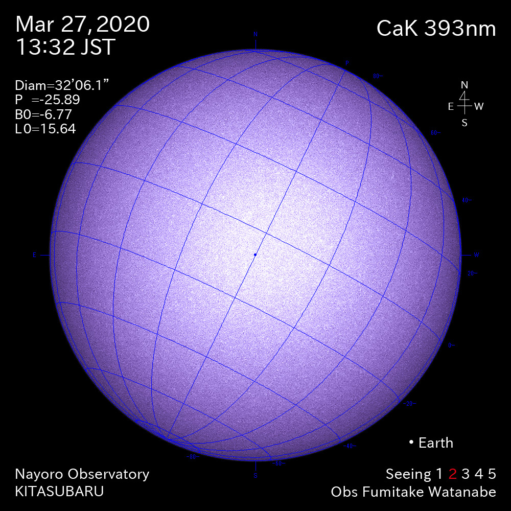 2020年3月27日CaK波長の太陽