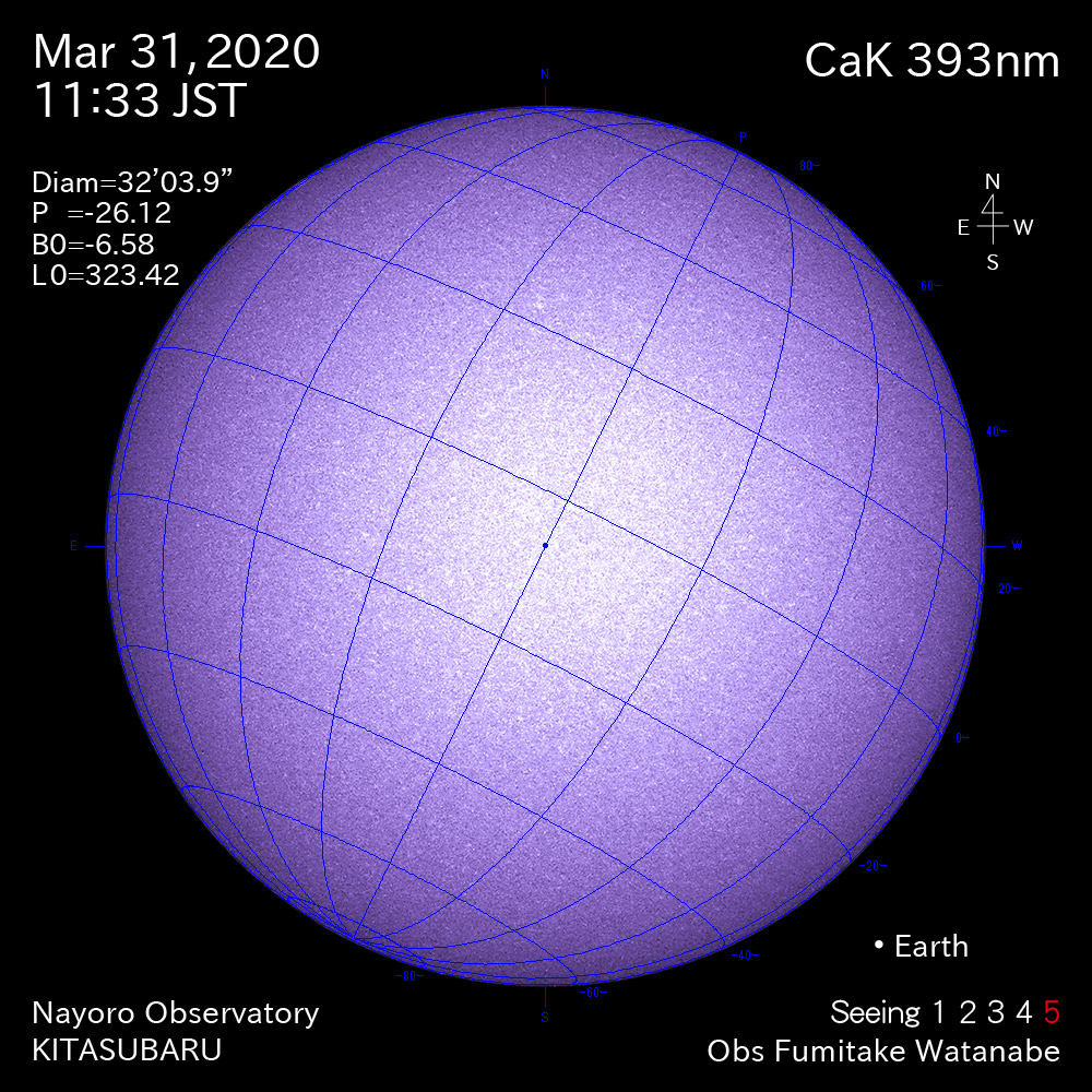 2020年3月31日CaK波長の太陽