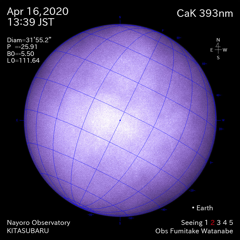 2020年4月16日CaK波長の太陽