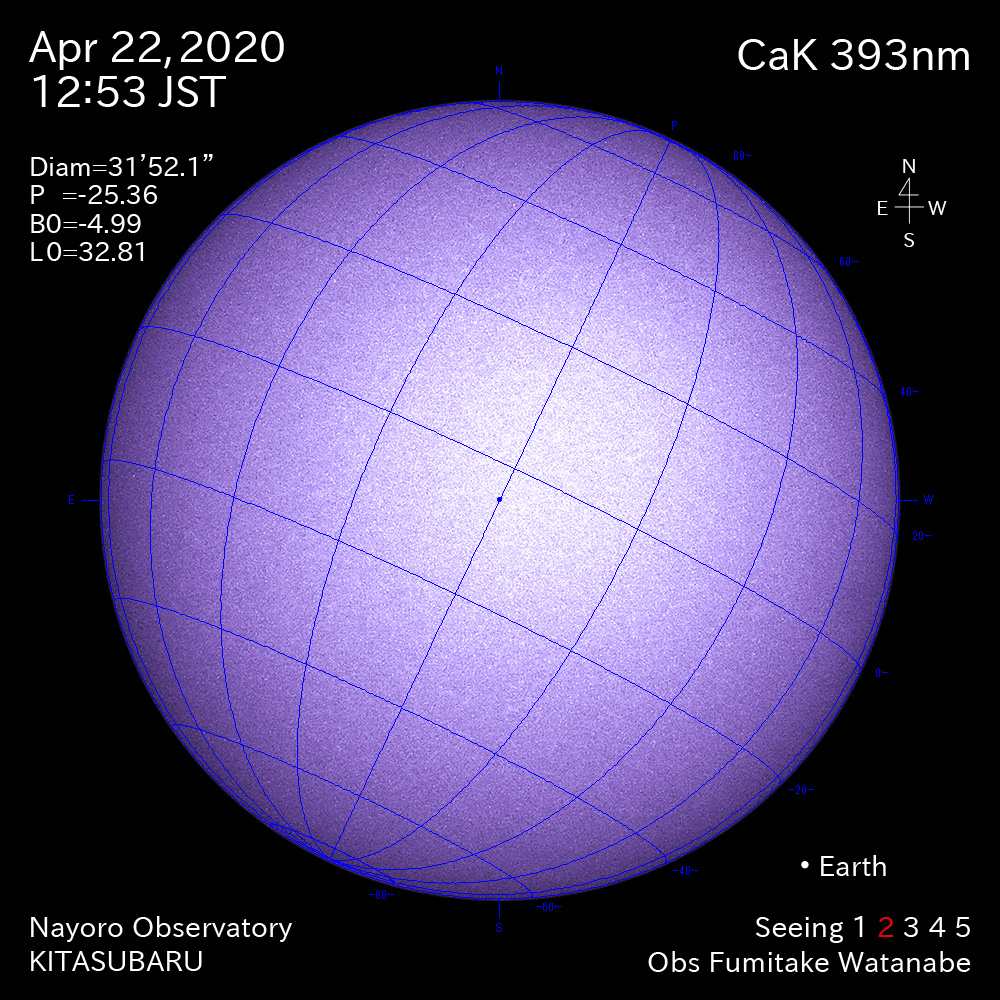 2020年4月22日CaK波長の太陽
