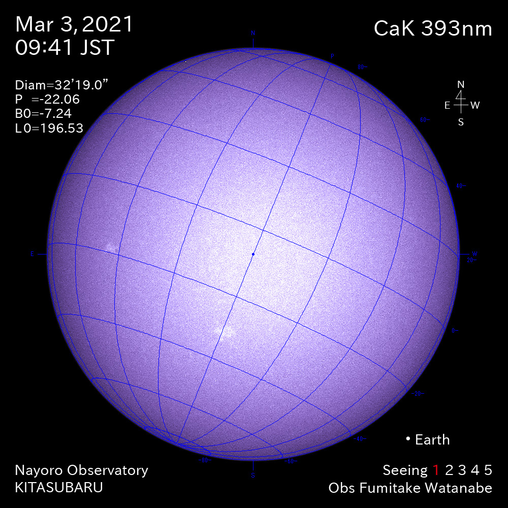 2021年3月3日CaK波長の太陽