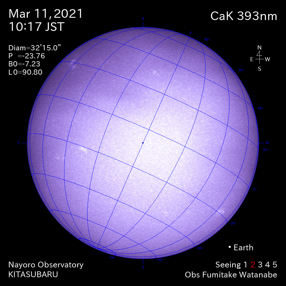 2021年3月11日CaK波長の太陽