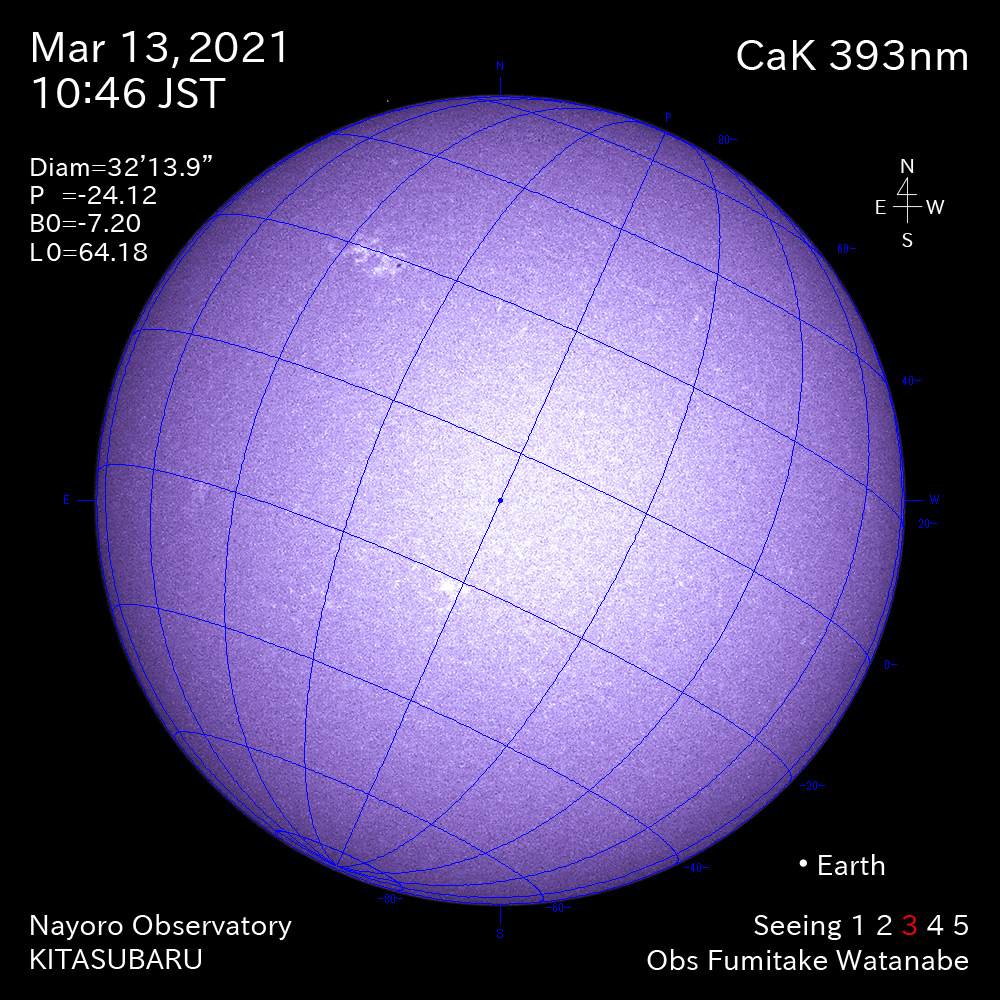 2021年3月13日CaK波長の太陽