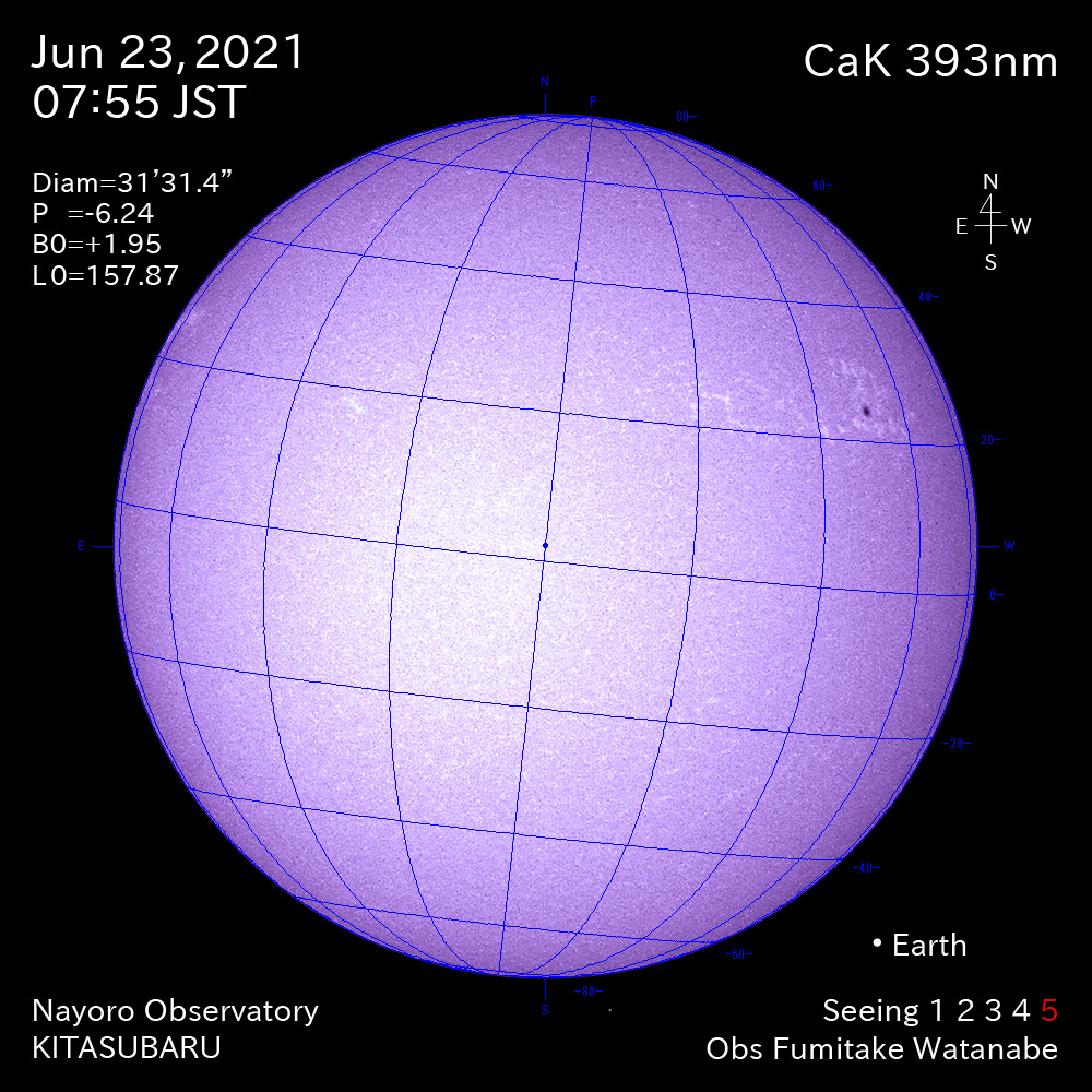 2021年6月23日CaK波長の太陽