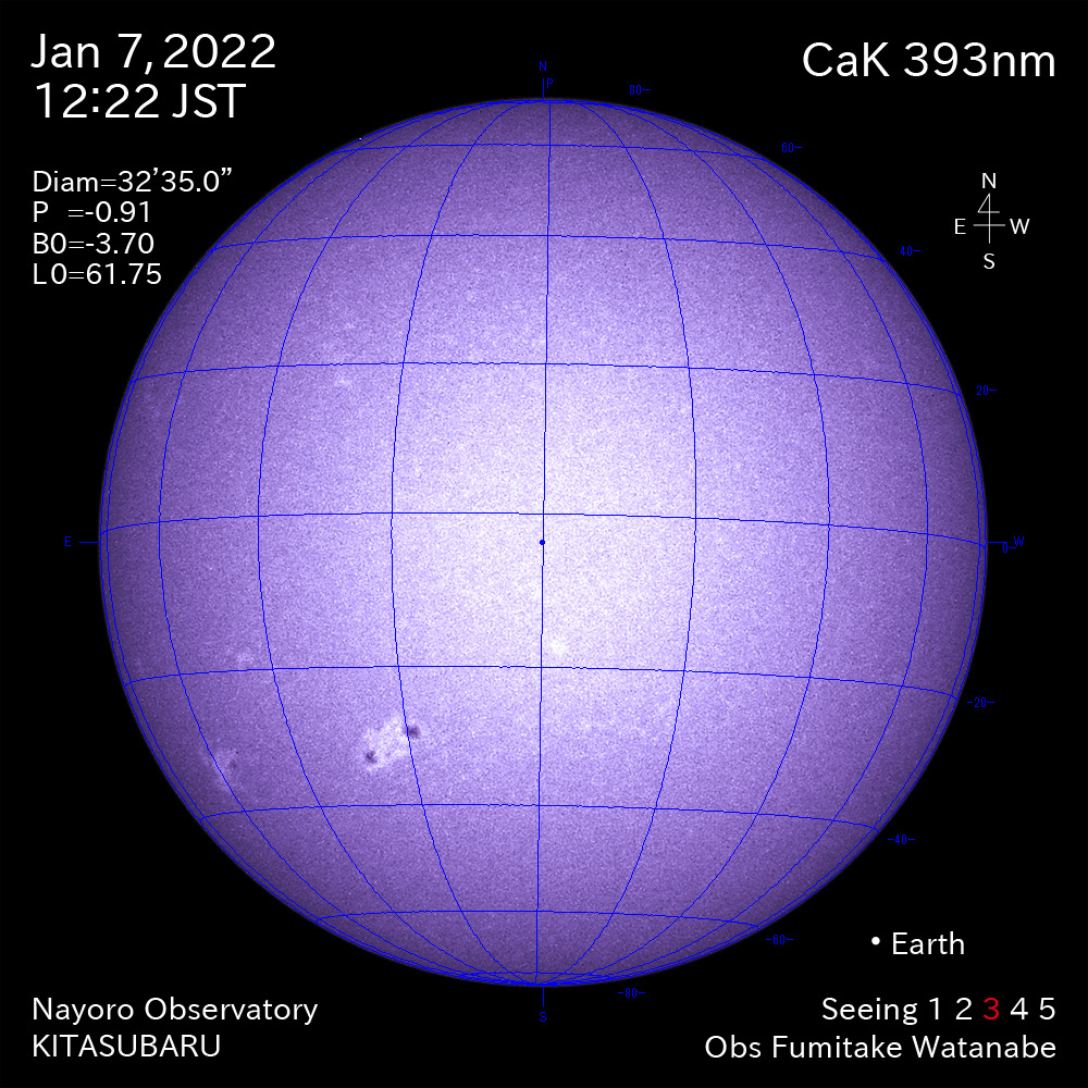 2022年1月7日CaK波長の太陽