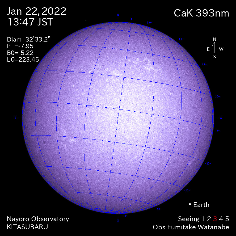 2022年1月22日CaK波長の太陽