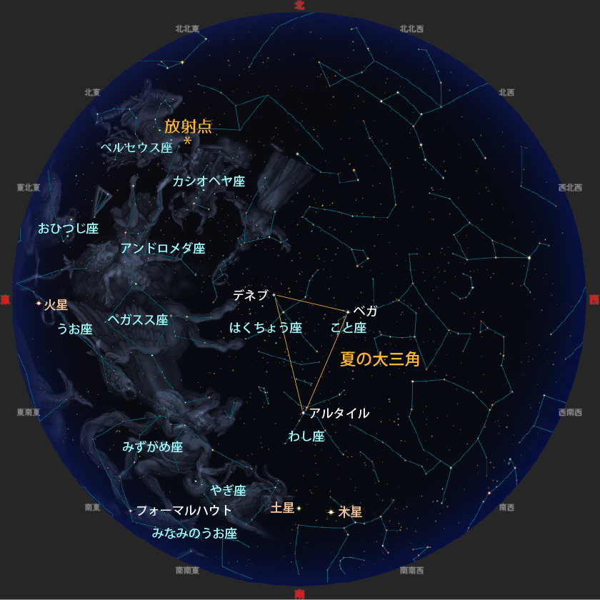 8月12日22時ごろの夜空で流星が現れるイメージ