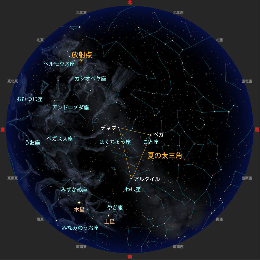 8月12日22時ごろの夜空で流星が現れるイメージ