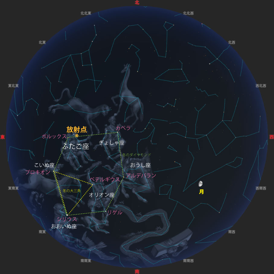 12月13日22時ごろの夜空で流星が現れるイメージ