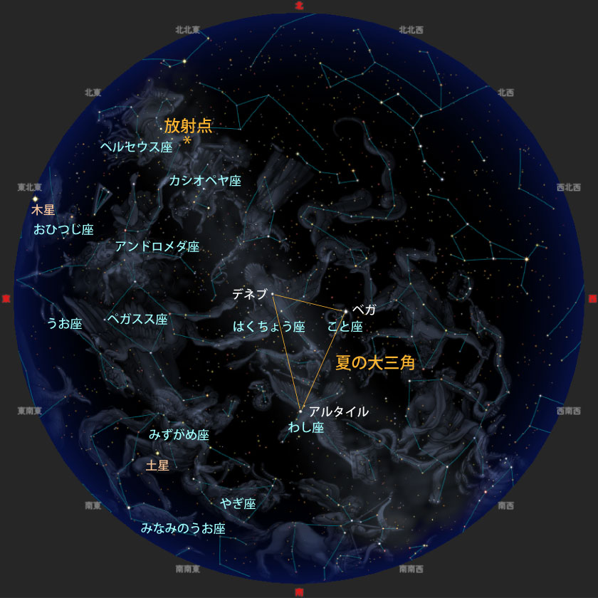 8月12日22時ごろの夜空で流星が現れるイメージ